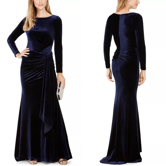 Vince Camuto Dresses & Skirts - VINCE CAMUTO Navy Blue Ruched Velvet Formal Gown or Dress Sz 4 w/ Side Slit